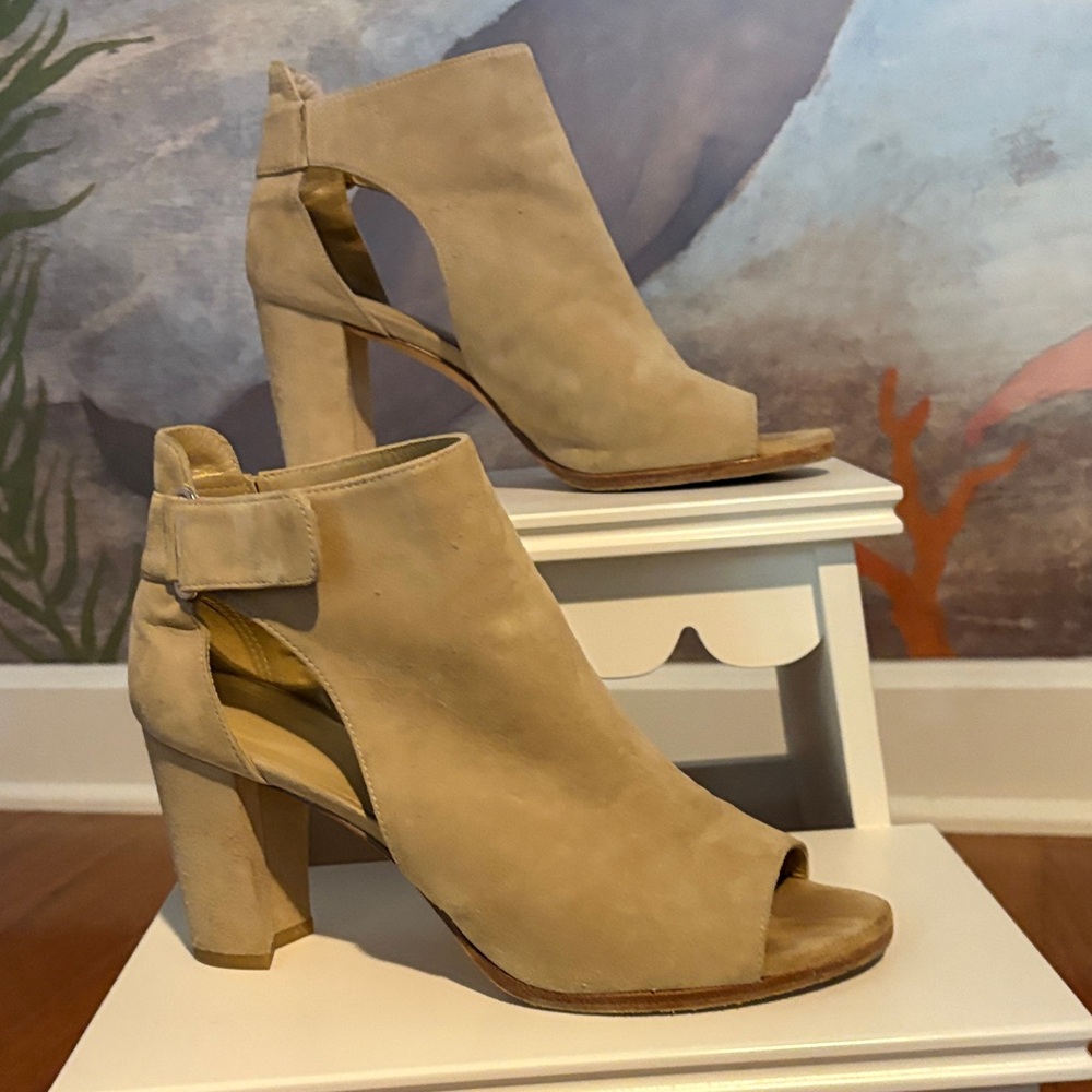 Stuart Weitzman Tan Suede Open-Toe Block Heel Booties